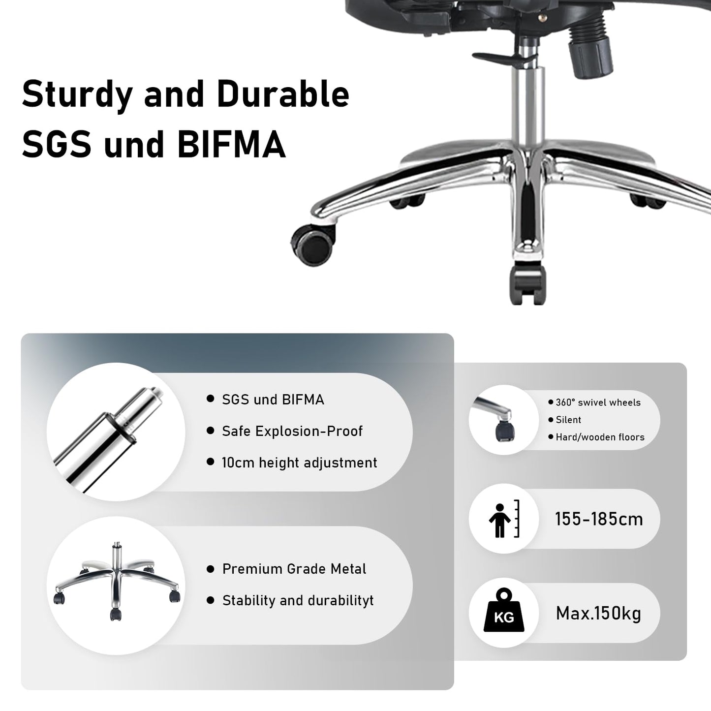 Durrafy Bürostuhl, Schreibtischstuhl, Bürostuhl Ergonomisch, multifunktional und auf Wunsch verstellbar, Drehstuhl mit Hoher Rücken,Wippfunktion90°-130°, Höhenverstellbarer Stuhl, Schwarz