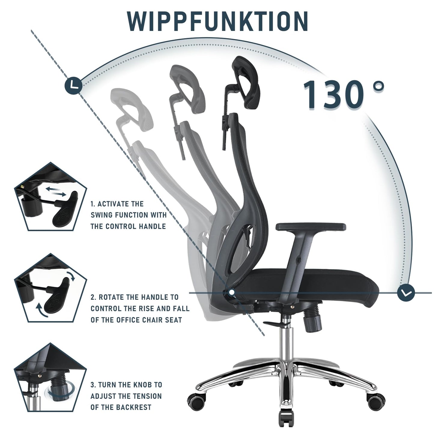 Durrafy Bürostuhl, Schreibtischstuhl, Bürostuhl Ergonomisch, multifunktional und auf Wunsch verstellbar, Drehstuhl mit Hoher Rücken,Wippfunktion90°-130°, Höhenverstellbarer Stuhl, Schwarz