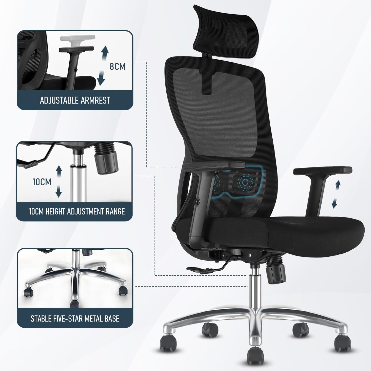 Durrafy Bürostuhl, Schreibtischstuhl, Bürostuhl Ergonomisch, multifunktional und auf Wunsch verstellbar, Drehstuhl mit Hoher Rücken,Wippfunktion90°-130°, Höhenverstellbarer Stuhl, Schwarz