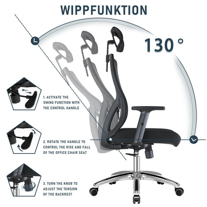 Durrafy Bürostuhl, Schreibtischstuhl, Bürostuhl Ergonomisch, multifunktional und auf Wunsch verstellbar, Drehstuhl mit Hoher Rücken,Wippfunktion90°-130°, Höhenverstellbarer Stuhl, Schwarz