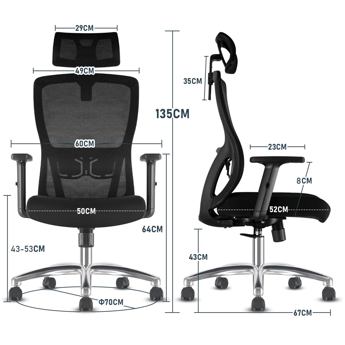 Durrafy Bürostuhl, Schreibtischstuhl, Bürostuhl Ergonomisch, multifunktional und auf Wunsch verstellbar, Drehstuhl mit Hoher Rücken,Wippfunktion90°-130°, Höhenverstellbarer Stuhl, Schwarz