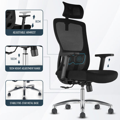 Durrafy Bürostuhl, Schreibtischstuhl, Bürostuhl Ergonomisch, multifunktional und auf Wunsch verstellbar, Drehstuhl mit Hoher Rücken,Wippfunktion90°-130°, Höhenverstellbarer Stuhl, Schwarz